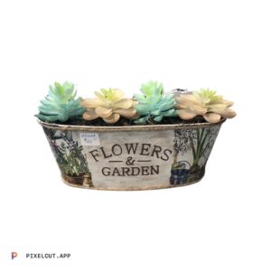 Metal flowers and garden  Container with faux cactus