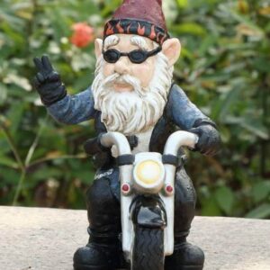 Gnome riding motorcycle W/ Peace sign