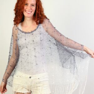 Crochet Knit Sleeved Top with Fringe