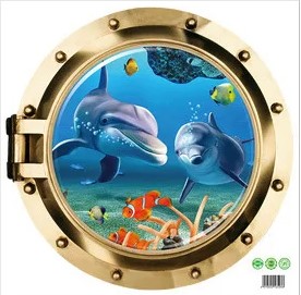 Wall decal sticker 3D submarine Porthole Dolphins