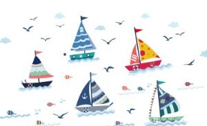 Wall decal sticker  Cartoon Sailboat  with sea view