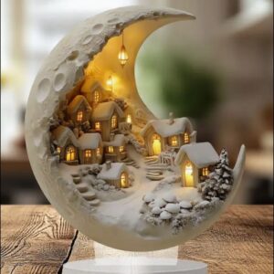 Acrylic 2D Vintage Moon Village Ornament - Enchanting Winter Wonderland 