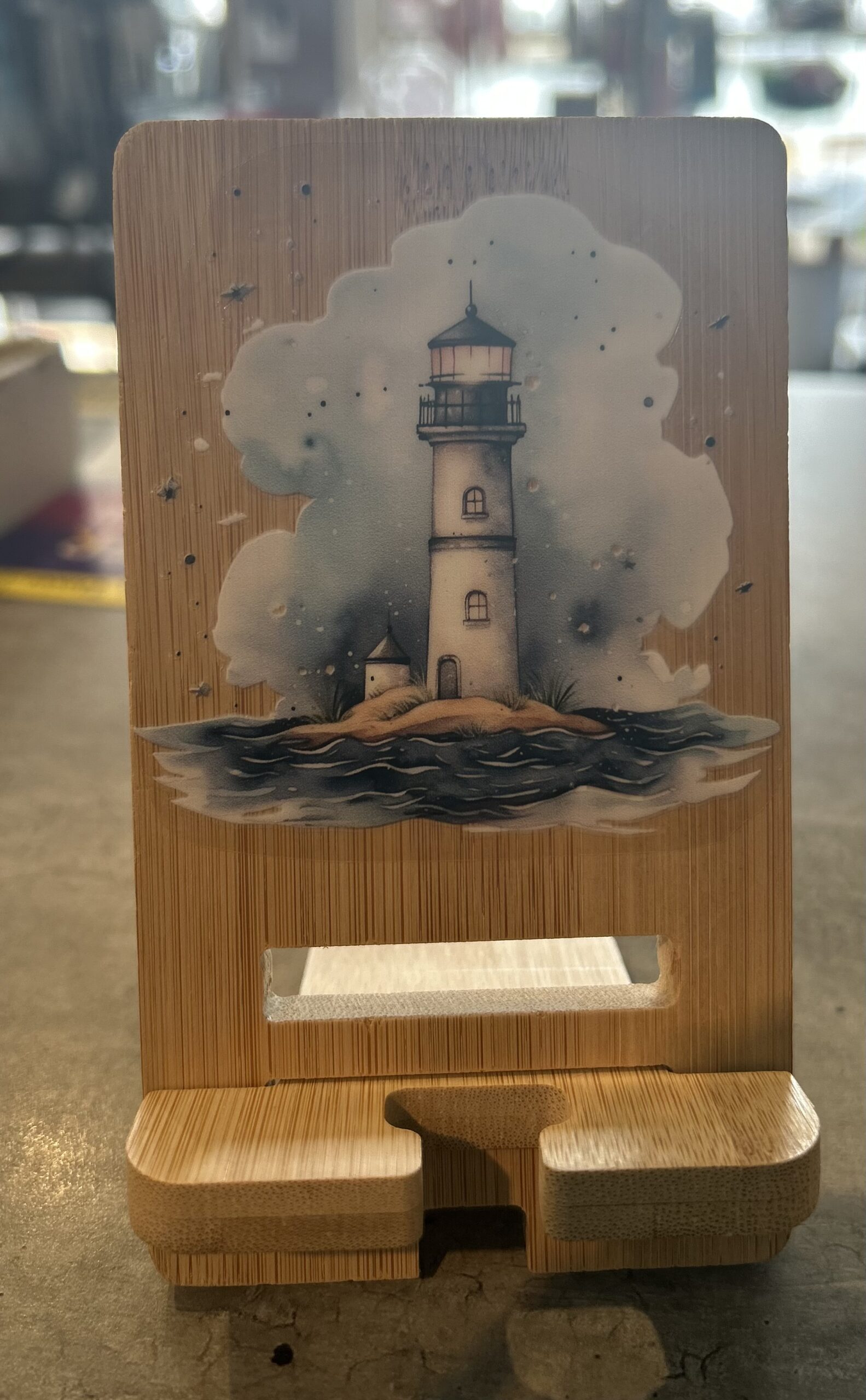 Lighthouse phone stand bamboo 5.5 X 3.15