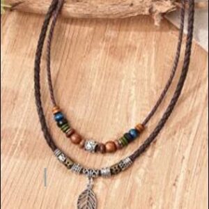 Necklace Bead Leaf Charm Layered brown