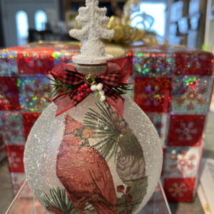 white Christmas bottle with cardinal decoupaged