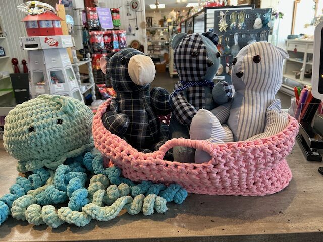 Quality Handmade fabric and crocheted animals\basket